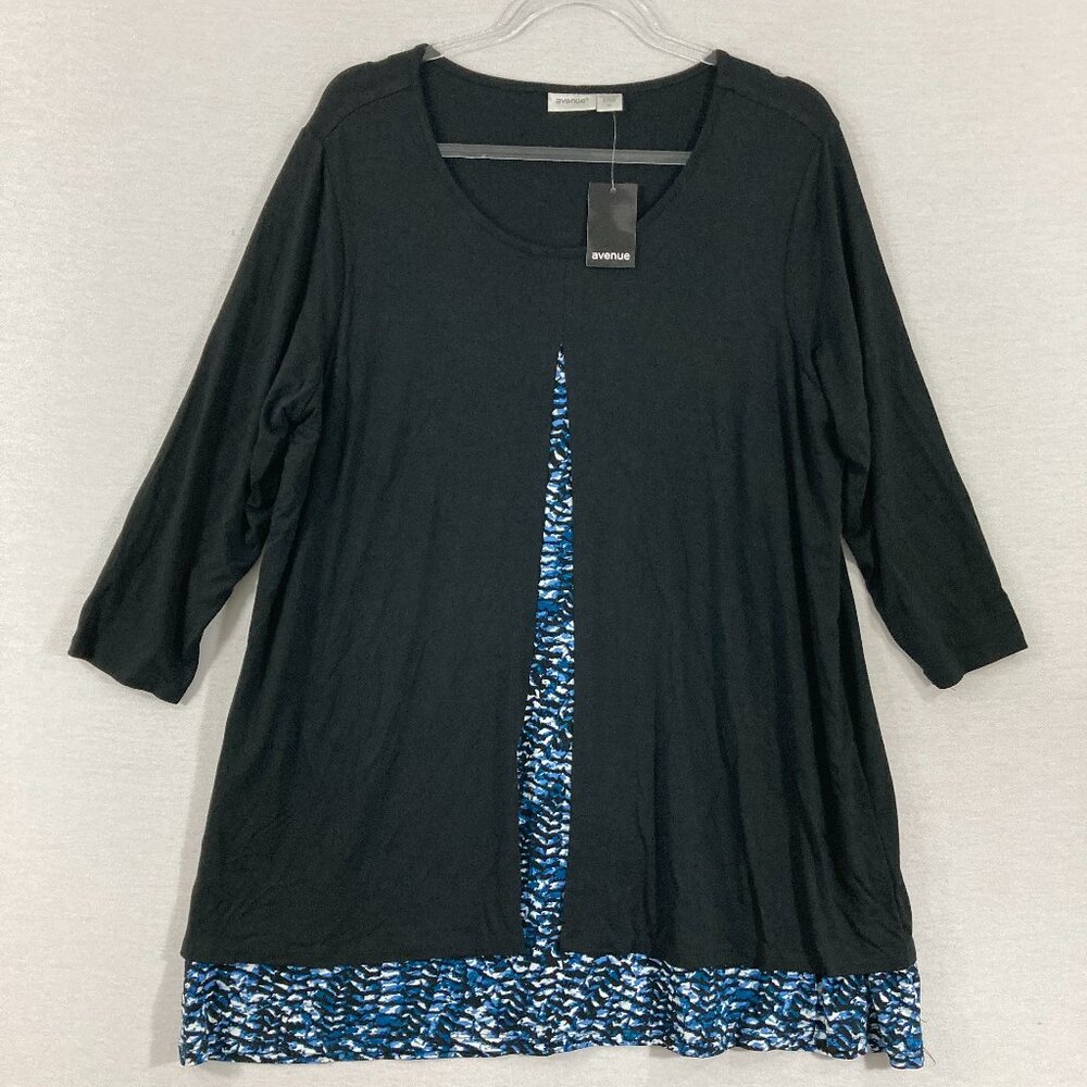New Avenue Size 16 Black Blue Stretch Knit Layered 3/4 Sleeve Tunic Office